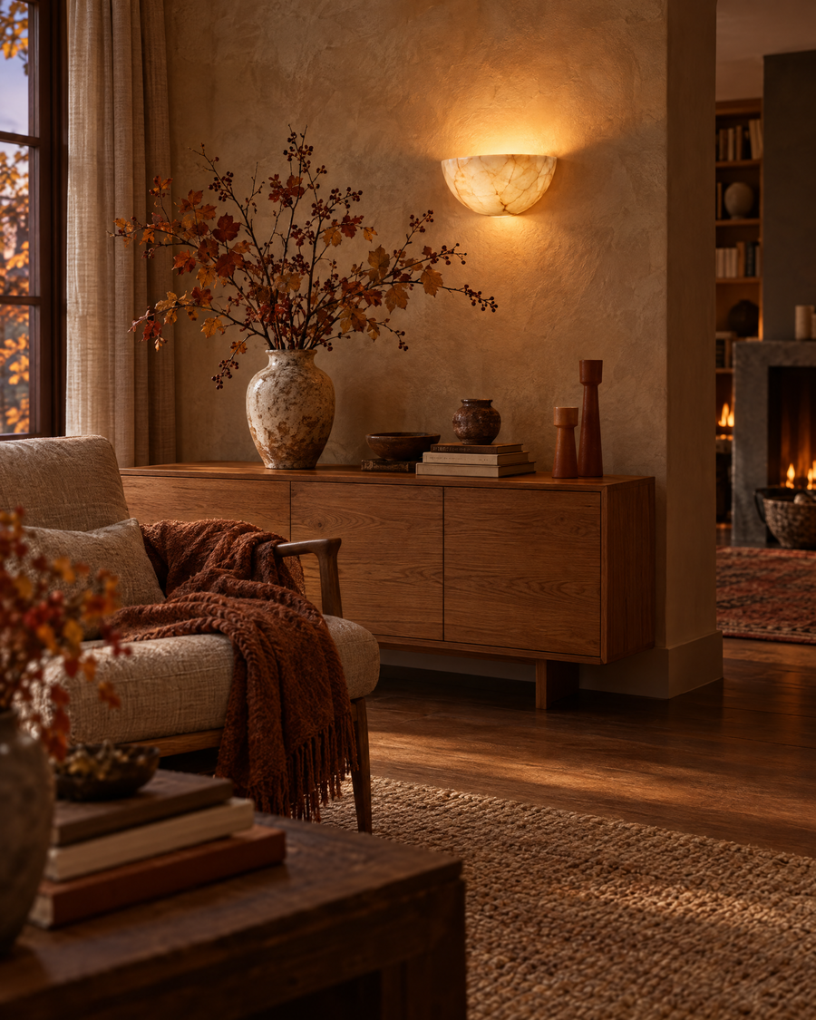 Cosy living room in the evening with a warm wall light