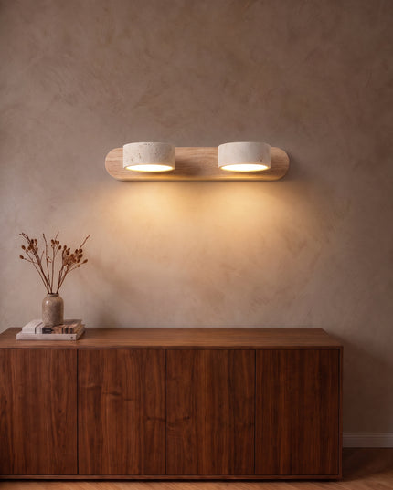 Cava wall light, 2 lights, travertine and natural wood, above a walnut sideboard