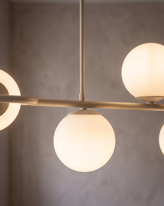 Cinque pendant light close-up: opal glass globes on a slim beige bar