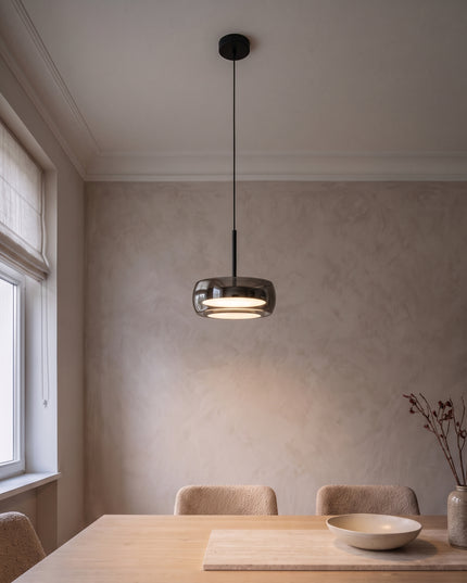 Fumo Pendant Light | Smoked Glass Drum, Dimmable LED in the dining room (1)