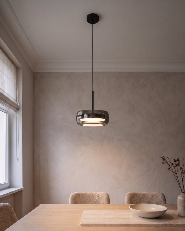 Fumo Pendant Light | Smoked Glass Drum, Dimmable LED in the dining room (1)