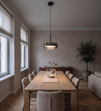 Fumo Pendant Light | Smoked Glass Drum, Dimmable LED in the dining room (2)
