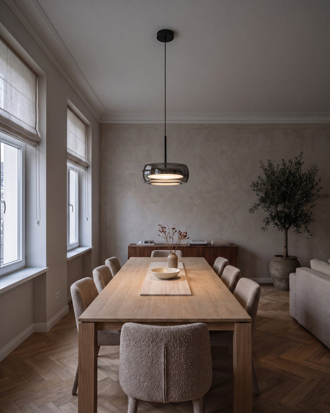 Fumo Pendant Light | Smoked Glass Drum, Dimmable LED in the dining room (2)