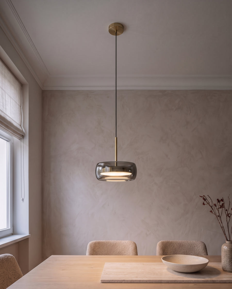Fumo Pendant Light | Smoked Glass Drum, Dimmable LED, Finish: Gold in the dining room (1)