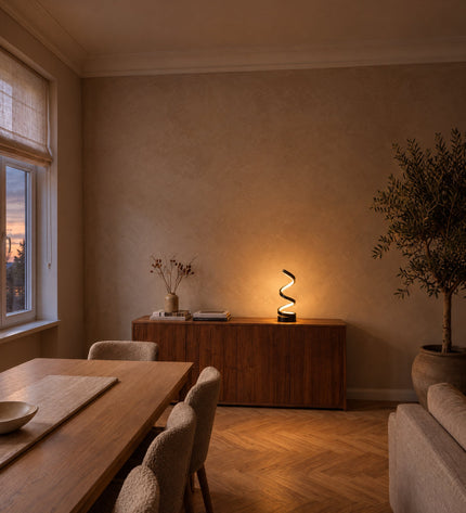Spira Tischleuchte im Esszimmer auf dem Sideboard bei Dämmerung