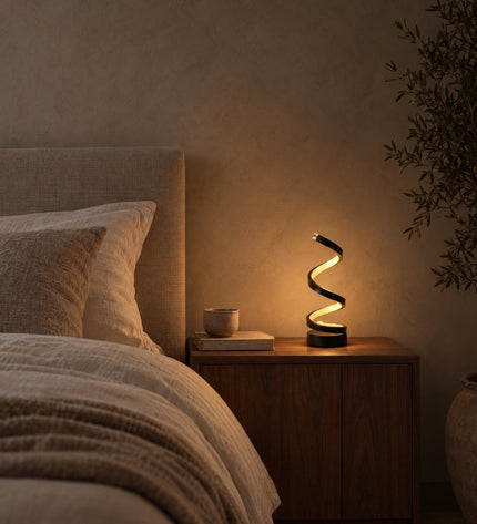 Spira table lamp as a night light on a bedside table