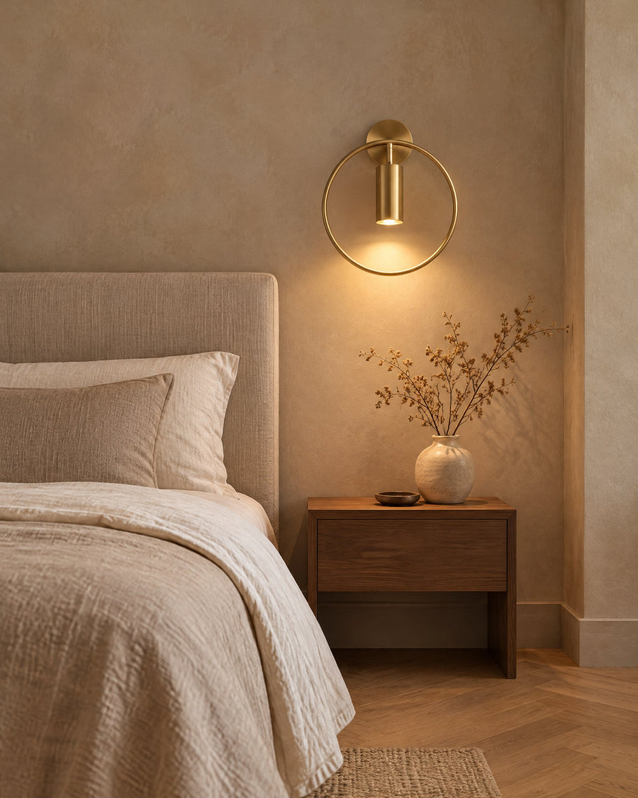 Casoria wall light above a bedside table in the bedroom