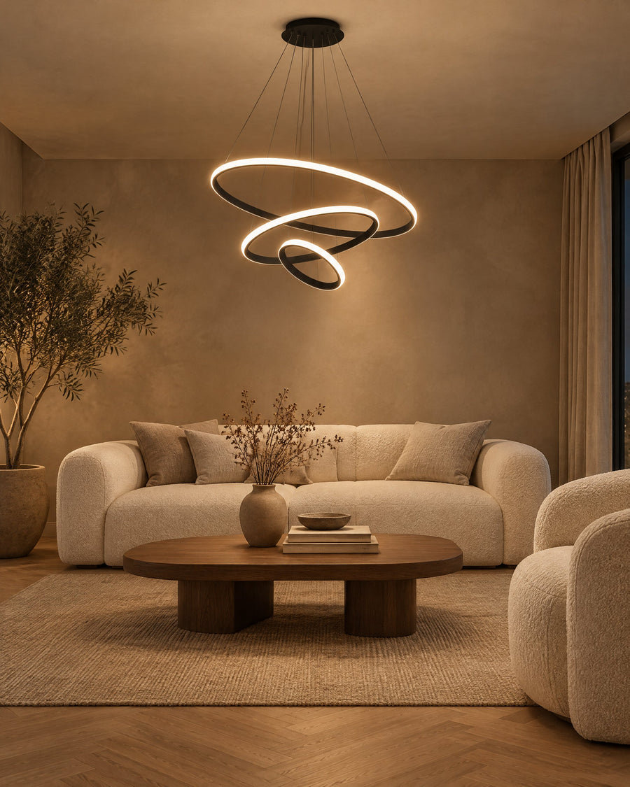 Arion pendant light above the coffee table in a living room