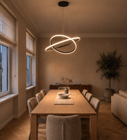 Arion pendant light with two rings above an oak dining table