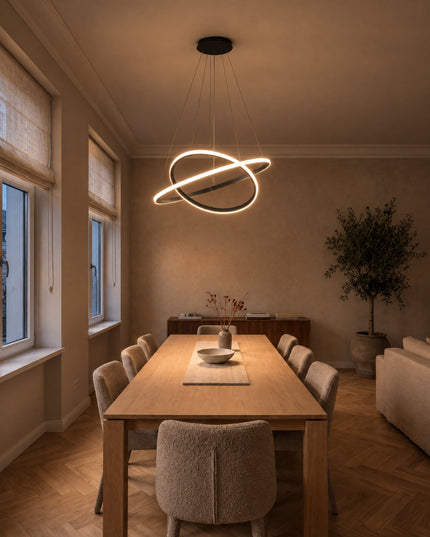 Arion pendant light with two rings above an oak dining table