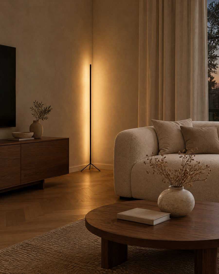 Sento floor lamp in a living room next to the sofa