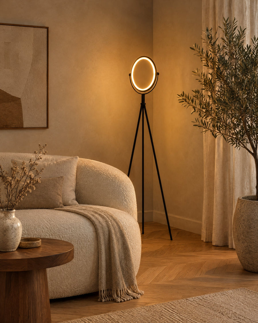 Treo floor lamp in a living room next to a bouclé sofa
