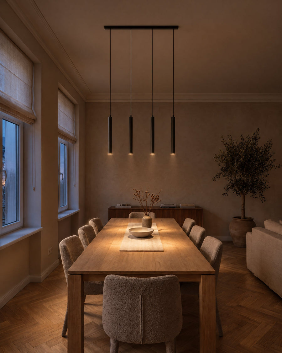 Lino pendant light above an oak dining table