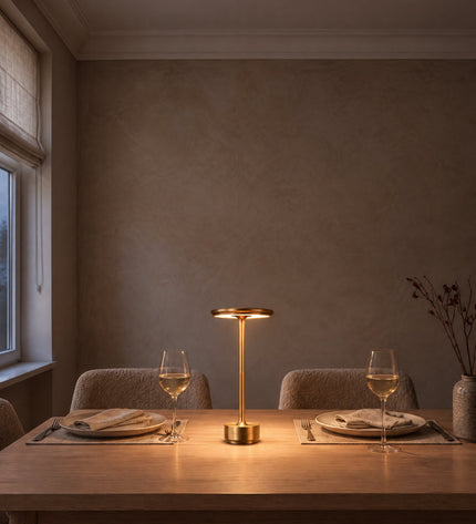 Lido cordless table lamp in gold on a dining table set for dinner, no cable