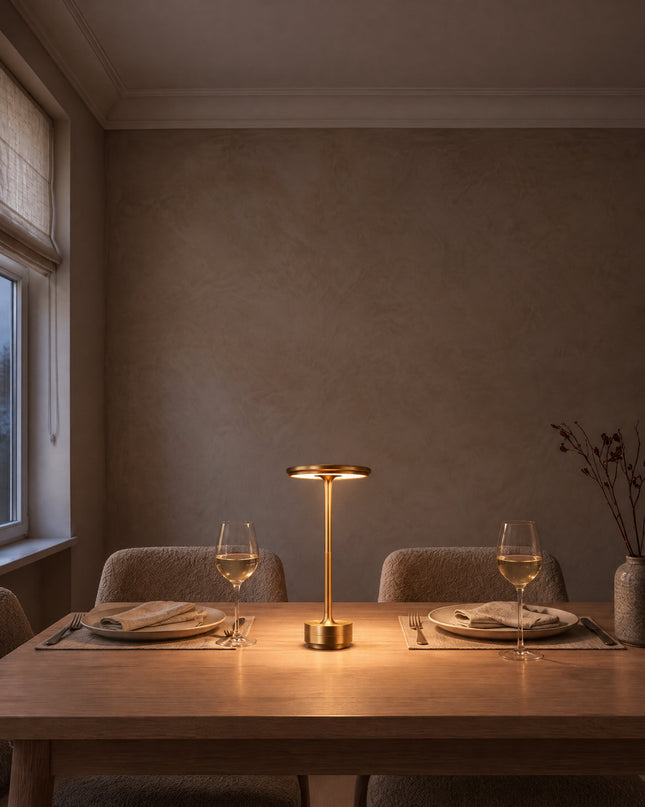 Lido cordless table lamp in gold on a dining table set for dinner, no cable
