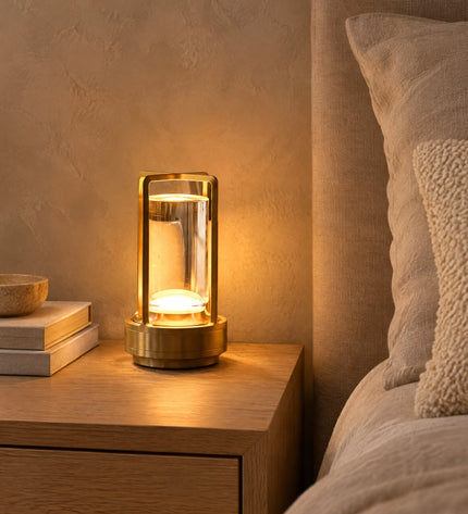 Gemma cordless crystal lantern lamp on an oak bedside table in the bedroom