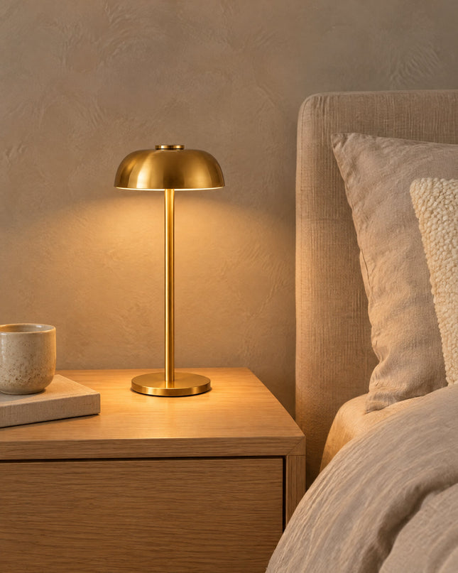 Bolla cordless dome table lamp on an oak bedside table in the bedroom