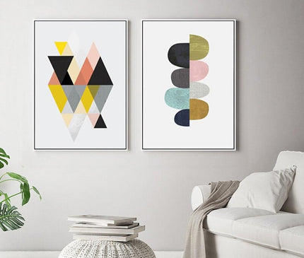 Kezaro Geom Canvas artwork featuring bold geometric patterns in black and white on 50x70cm canvas.