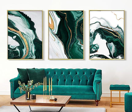 Kezaro 60x80cm green wave canvas print, black and white abstract artwork on fabric wall art.