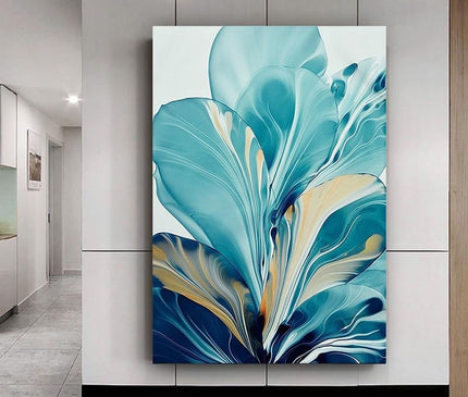 Kezaro Blatt Spritzer Leinwand artwork in black and white, 60x90cm, unframed, featuring abstract leaf design.