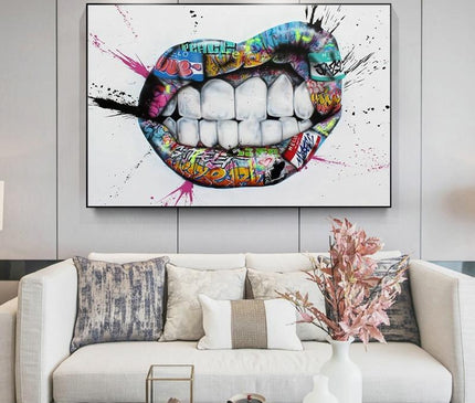 Kezaro graffiti lips canvas print, 70x95cm, vibrant street art design on white wall background.