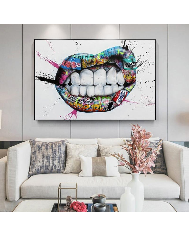 Kezaro graffiti lips canvas print, 70x95cm, vibrant street art design on white wall background.