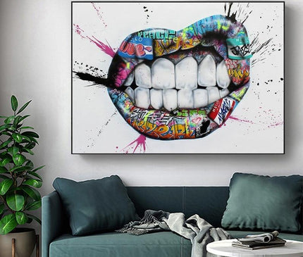Kezaro graffiti lips canvas artwork 70x95cm without frame, featuring vibrant graffiti-style lip design on textured canvas.