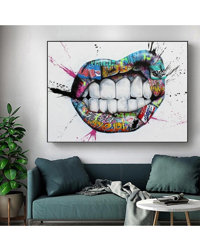 Kezaro graffiti lips canvas artwork 70x95cm without frame, featuring vibrant graffiti-style lip design on textured canvas.