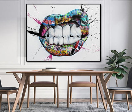 Kezaro graffiti lips canvas artwork in 70x95cm size without frame, featuring vibrant, urban-style graffiti with bold lip design.