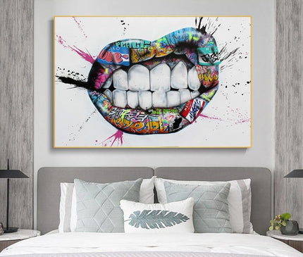 Kezaro graffiti lips canvas artwork, 70x95cm, unframed, vibrant graffiti design on high-quality canvas.