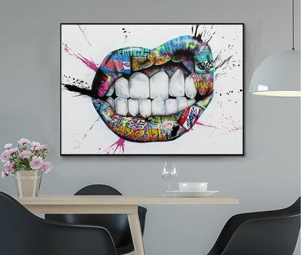 Kezaro graffiti lips canvas print, 70x95cm, vibrant street art style, featuring bold graffiti lips on a white background