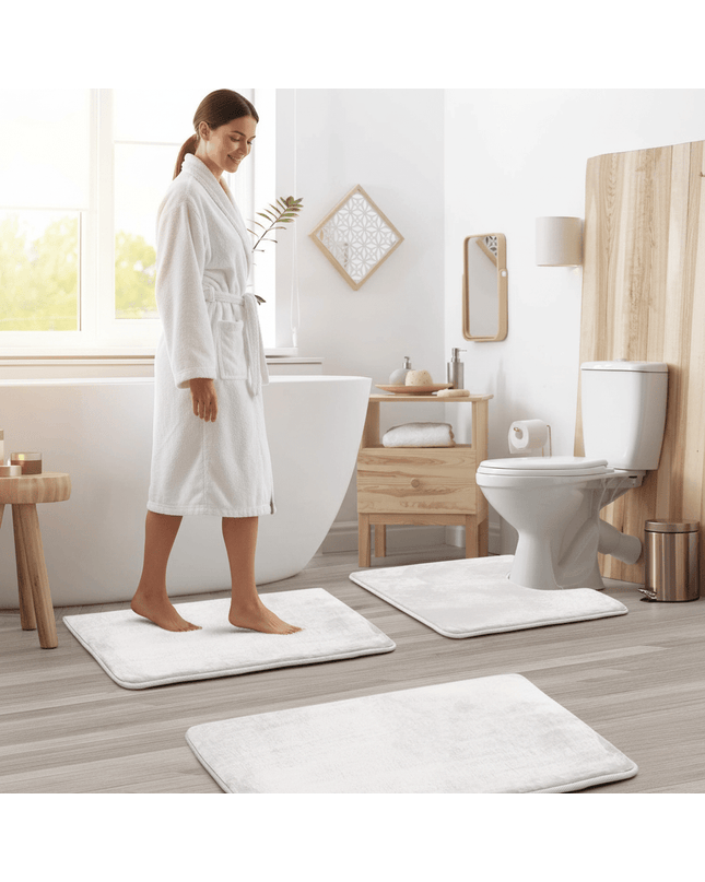 Kezaro Rivano 3-piece bathroom mat set with light gray plush bathmats and matching accessories for a cozy bathroom look.