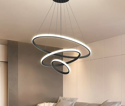 Kezaro Arion modern ring LED pendant light with black finish, featuring two interconnected rings in 20-40 cm size, daylight white illumination.