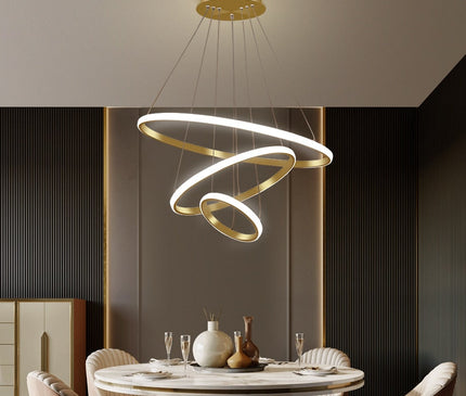 Kezaro Arion pendant light with modern black ring LED design, featuring two interconnected rings in 20-40 cm size, daylight white.
