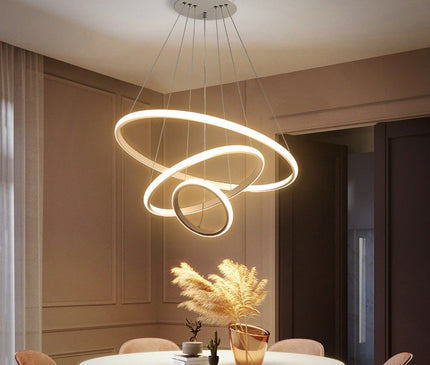 Kezaro Arion pendant light with modern black ring LED design, featuring two adjustable rings in 20-40 cm size, daylight white glow.