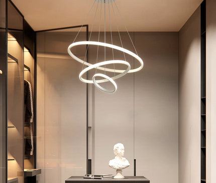 Kezaro Arion pendant light with modern black ring LED design, featuring two rings measuring 20-40 cm, in daylight white.