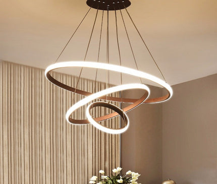 Kezaro Arion Pendelleuchte with modern black ring LED design, featuring two interconnected rings, 20-40cm size, daylight white light.