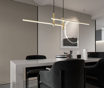 Kezaro Pavo black dimmable pendant light with warm white glow, 90cm long, modern lighting fixture for stylish interiors.