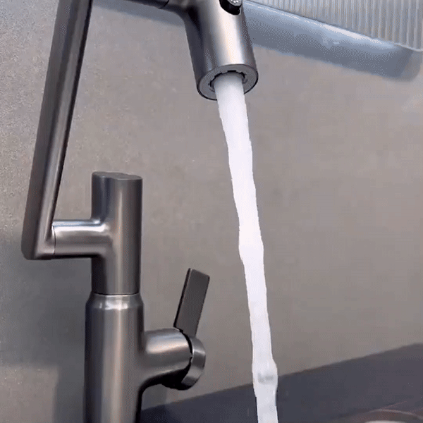 Kezaro AquaTwist kitchen faucet in russschwarz with 360° swivel and integrated temperature display, showing modern kitchen fixture details.