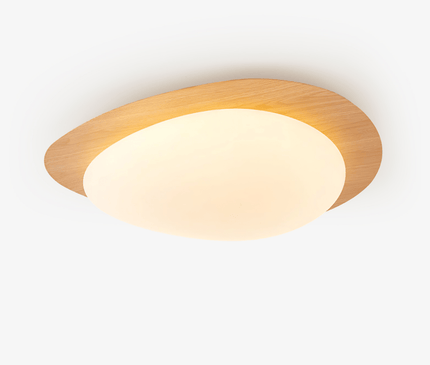 Kezaro Qube ceiling lamp in Nussbaum wood with warm light, featuring a 30cm diameter and water transfer printed wood grain design.