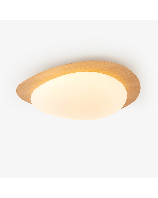 Kezaro Qube ceiling lamp in Nussbaum wood with warm light, featuring a 30cm diameter and water transfer printed wood grain design.