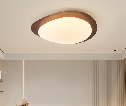 Kezaro Qube ceiling lamp in walnut wood with warm light, featuring a 30cm diameter water transfer print design.