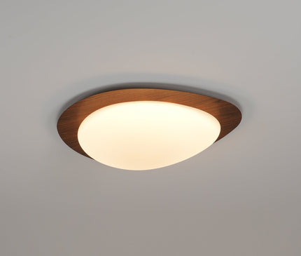 Kezaro Qube ceiling lamp in Nussbaum wood with warm light, featuring a 30cm diameter and water transfer print finish.