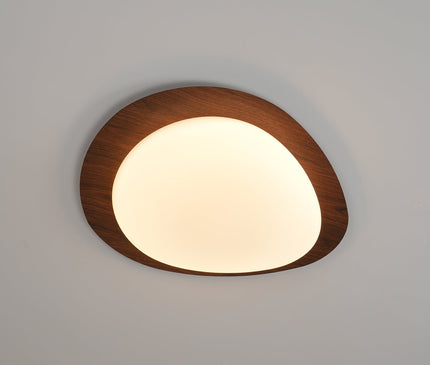 Kezaro Qube Nussbaum Deckenleuchte with warm light, 30cm diameter, wooden grain finish and modern design.