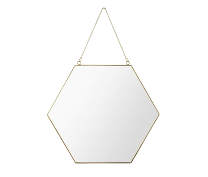 Hexagonal wall mirror by Kezaro with a gold frame, featuring a modern six-sided design and reflective glass surface.