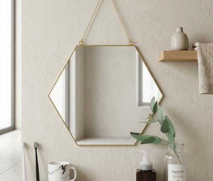 Kezaro Galen wall mirror with a hexagonal gold frame, featuring a sleek and modern design for stylish home decor.