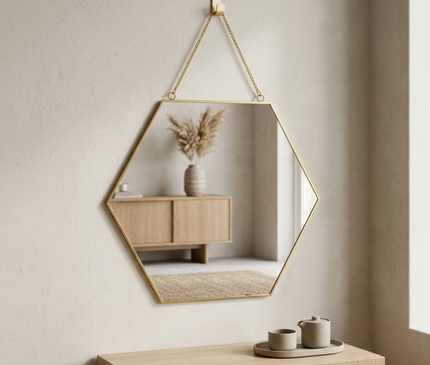 Hexagonal gold-framed Kezaro Galen wall mirror with a sleek, modern design in a 30x26 cm size.