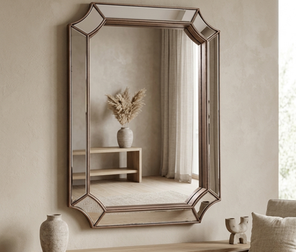 Kezaro Mira wall mirror with faceted frame, stylish rectangular mirror for modern home decor.