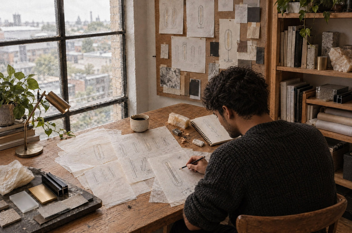 Junger Designer zeichnet am Schreibtisch Skizzen einer Wandleuchte, daneben Materialmuster