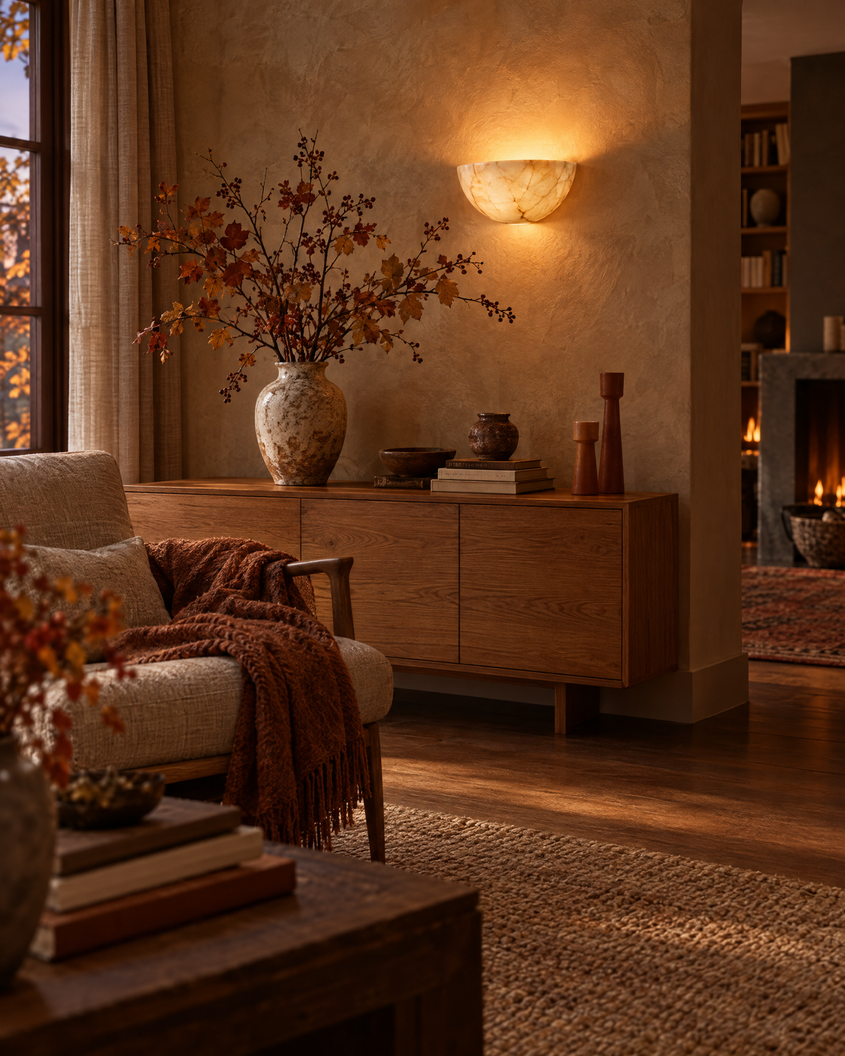 Warm beleuchtetes Wohnzimmer am Herbstabend mit Alabaster-Wandleuchte